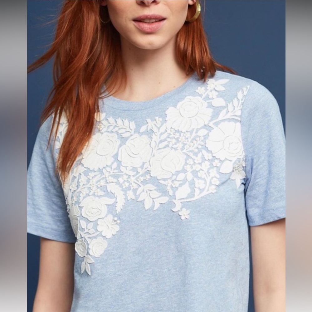 Pankaj & Nidhi at Anthropologie NWT Floral Appliqué Blanche Tee‎ XS bloomcore